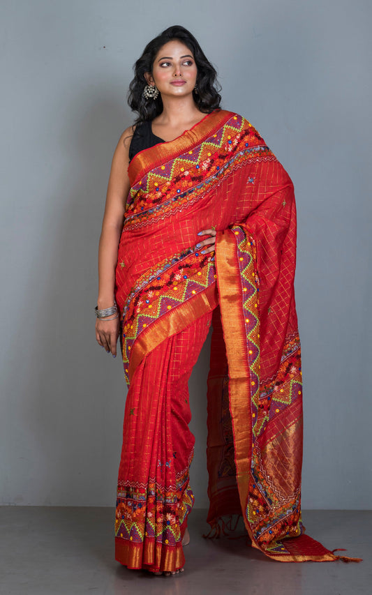 Lambani Hand Work on Soft Mangalagiri Cotton Woven Gold Checks Saree in Rust and Multicolored Thread Work