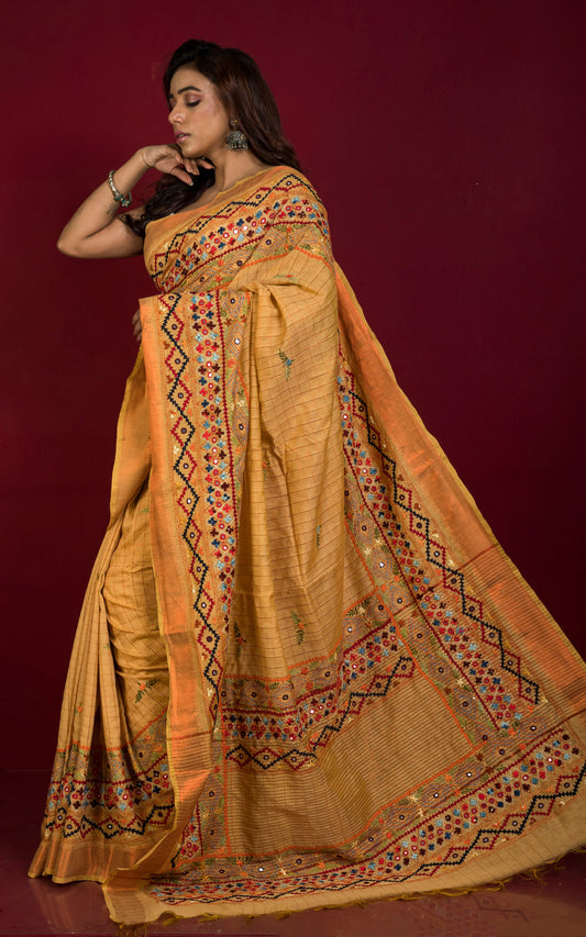Lambani Hand Work on Soft Mangalagiri Cotton Woven Gold Checks Saree in Biscotti and Multicolored Thread Work