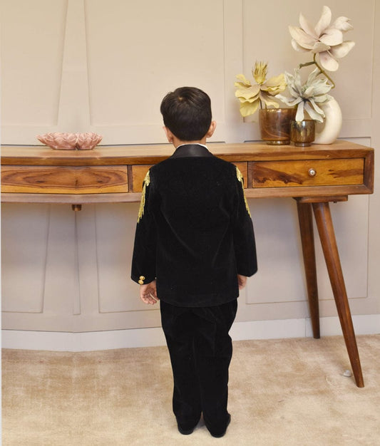 Manufactured by FAYON KIDS (Noida, U.P) Black Velvet Embroidered Coat Set
