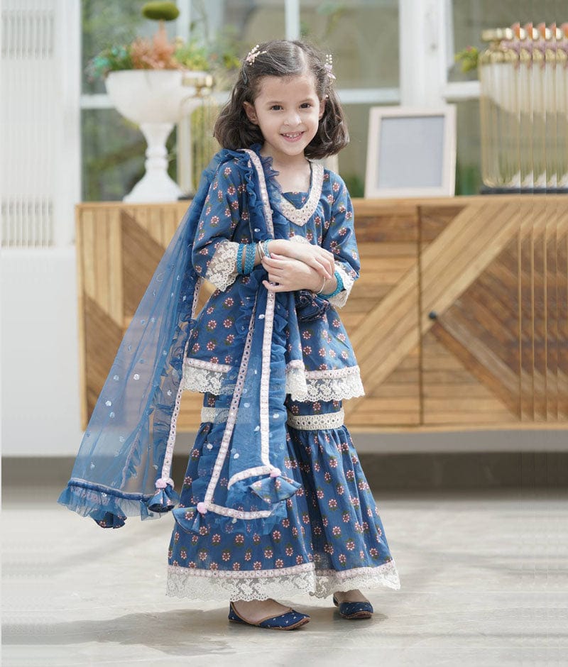 Manufactured by FAYON KIDS (Noida, U.P) Blue Cotton Printed Kurti and Sharara Set for Girls