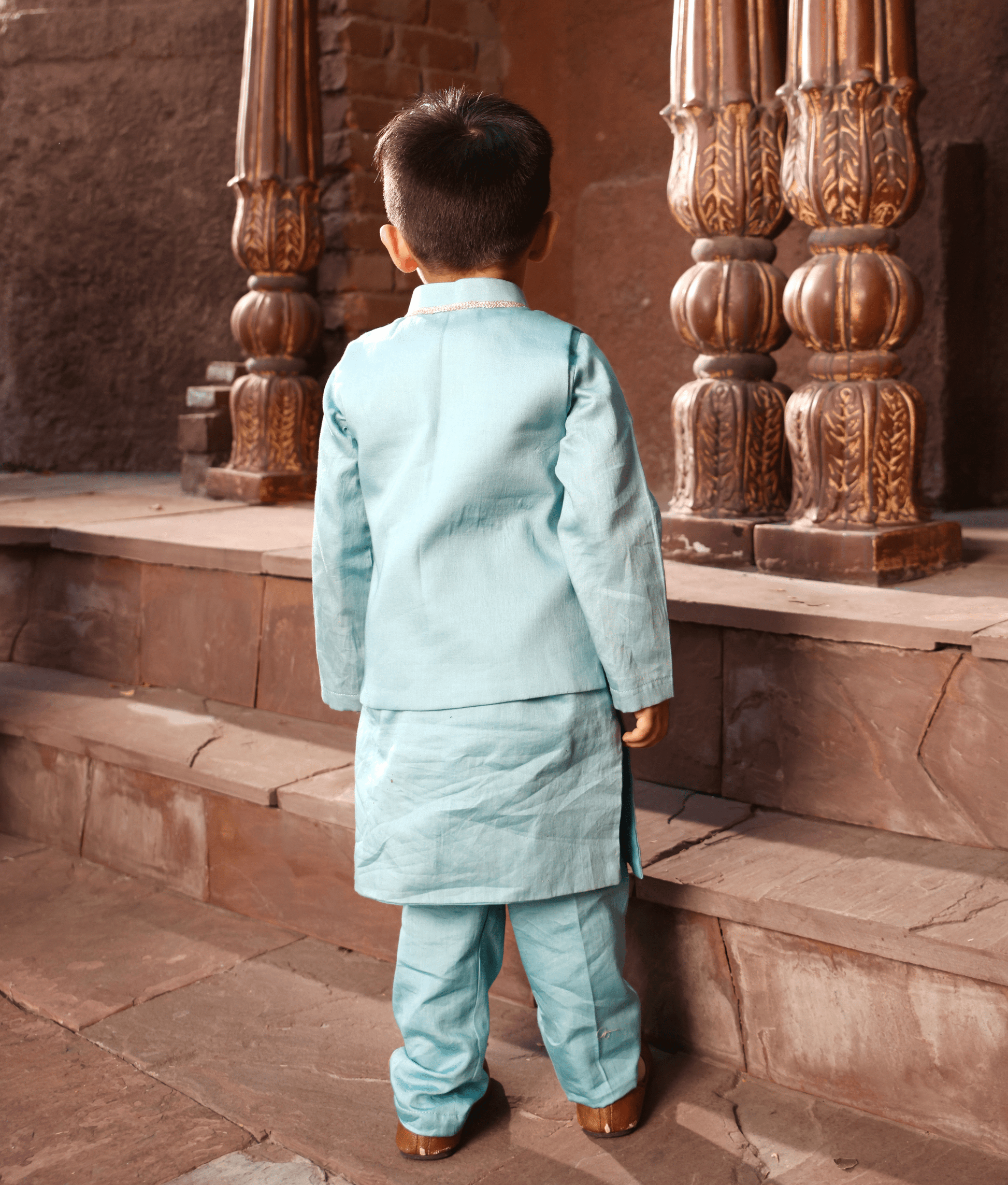 Manufactured by FAYON KIDS (Noida, U.P) Blue Embroidered Nehru Jacket with Kurta and Pant
