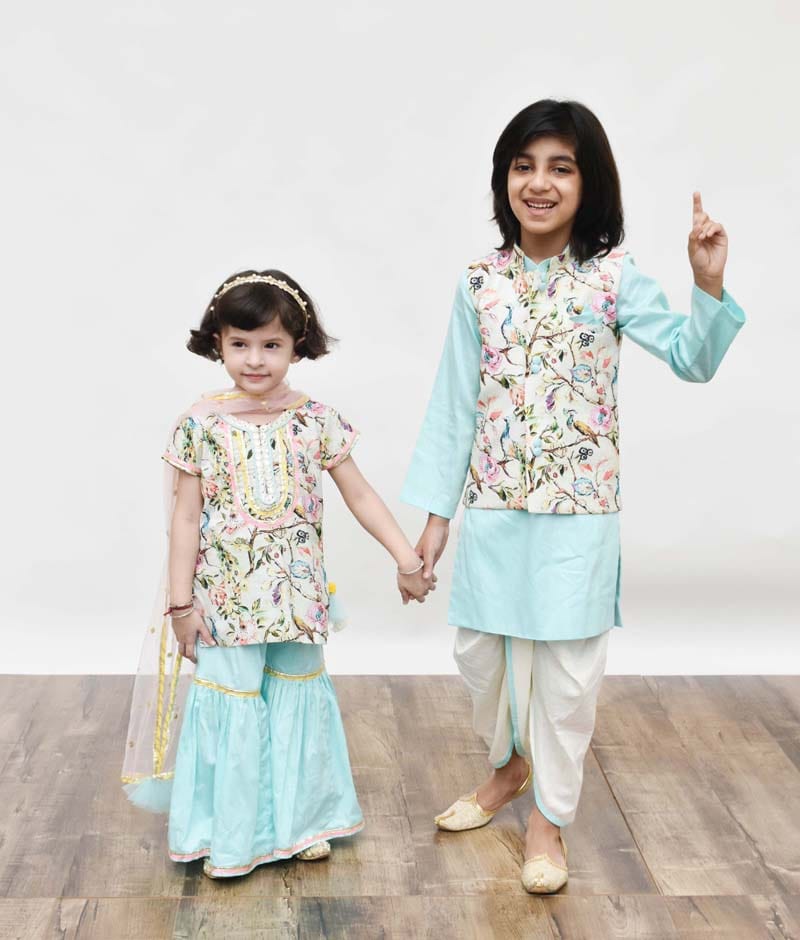 Manufactured by FAYON KIDS (Noida, U.P) Blue Kurta Dhoti With Off White Printed Jacket for Boys