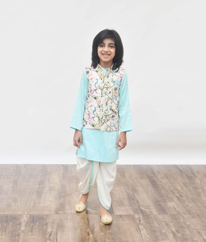 Manufactured by FAYON KIDS (Noida, U.P) Blue Kurta Dhoti With Off White Printed Jacket for Boys