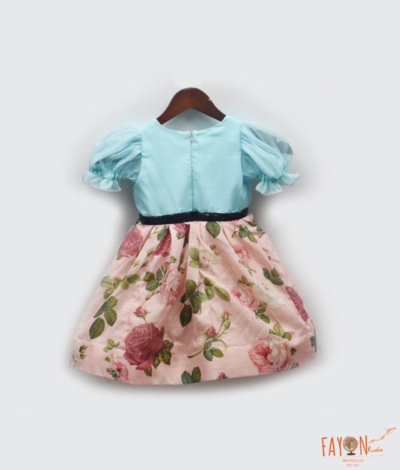 Blue Organza Peach Printed Dress for Girls