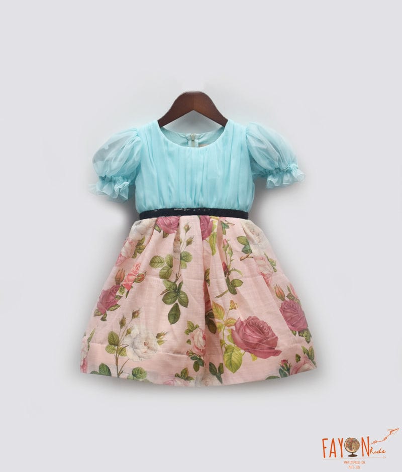 Blue Organza Peach Printed Dress for Girls