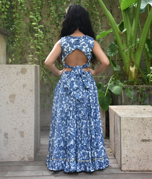 Blue Printed Top with Lehenga