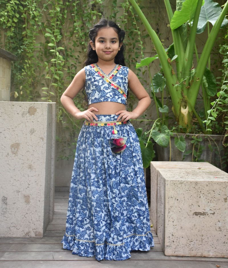 Blue Printed Top with Lehenga