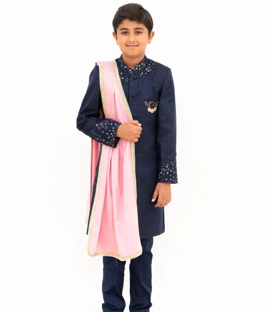 Manufactured by FAYON KIDS (Noida, U.P) Blue Silk Sherwani with Pant and Pink Stole for Boys