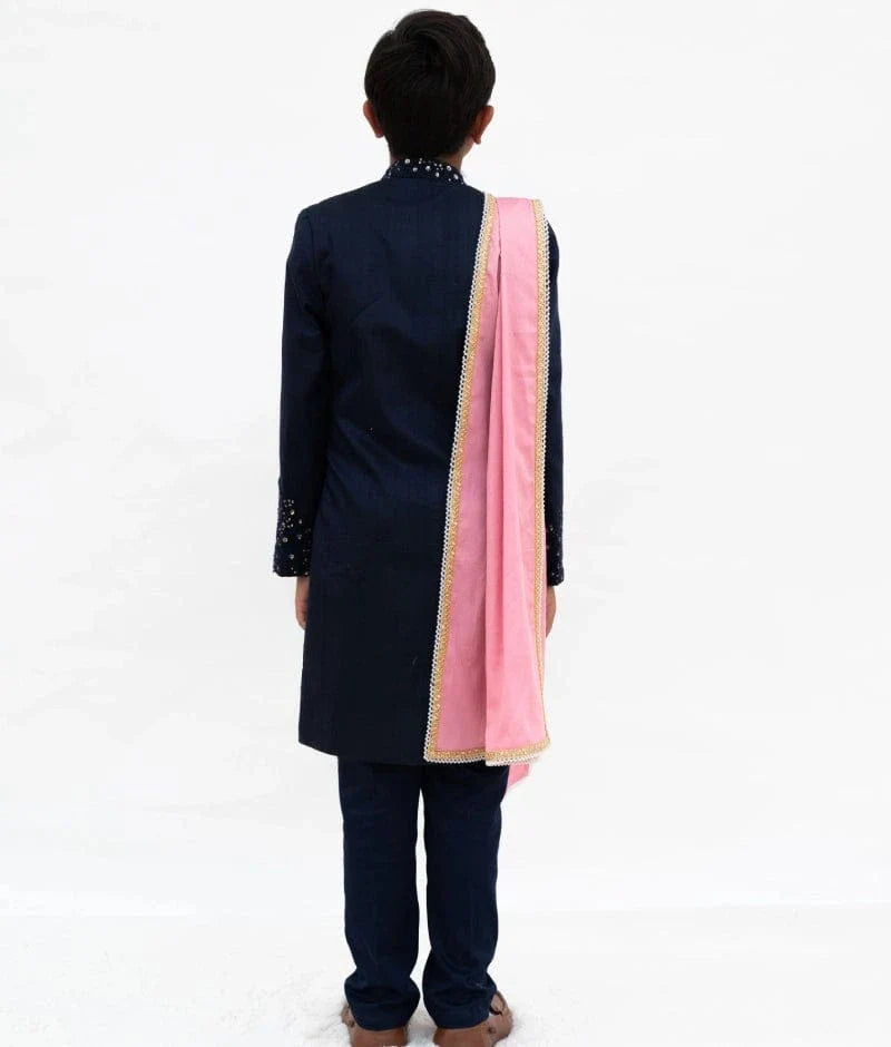 Manufactured by FAYON KIDS (Noida, U.P) Blue Silk Sherwani with Pant and Pink Stole for Boys