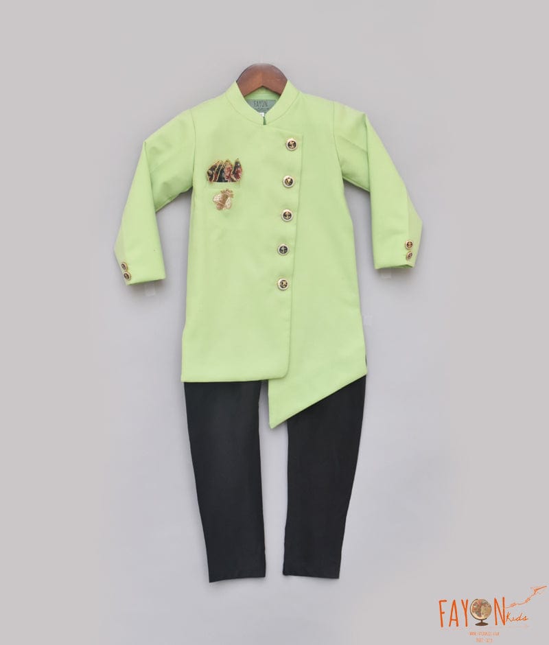 Green Achkan with Black Pant for Boys
