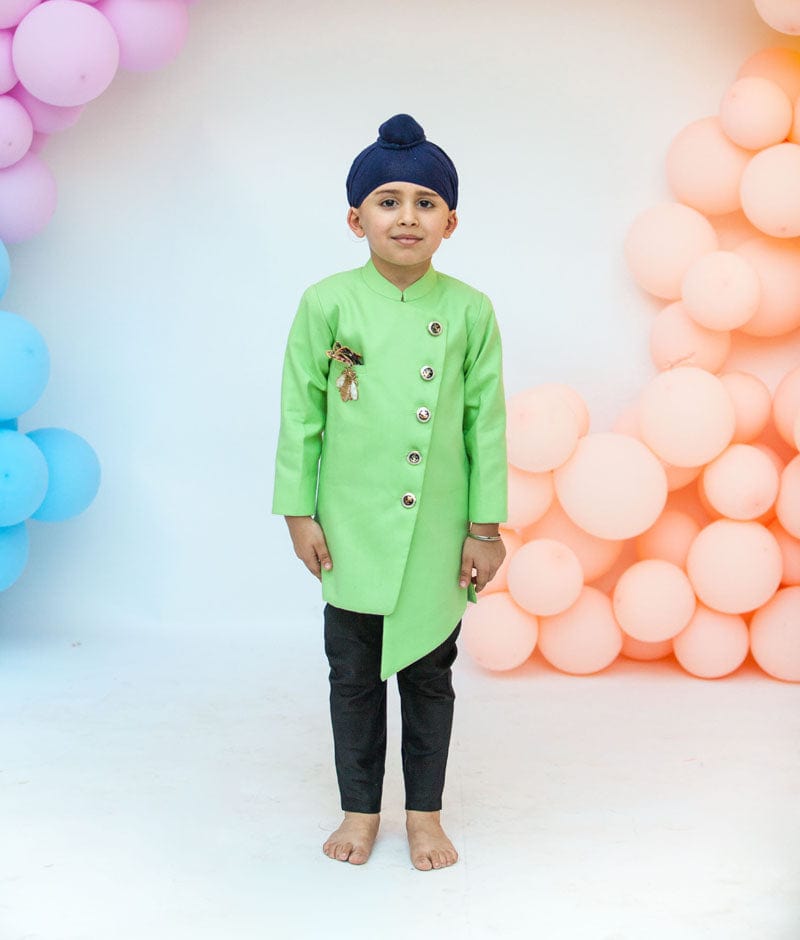 Green Achkan with Black Pant for Boys