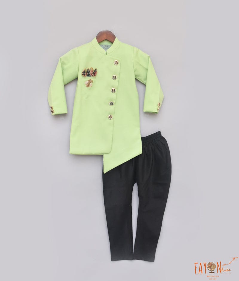 Green Achkan with Black Pant for Boys