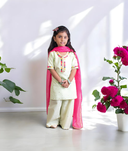 Manufactured by FAYON KIDS (Noida, U.P) Green Faux Mukaish Work Kurti Sharara Set