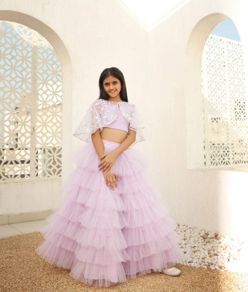 Manufactured by FAYON KIDS (Noida, U.P) Lilac Crop Top Skirt with Cape