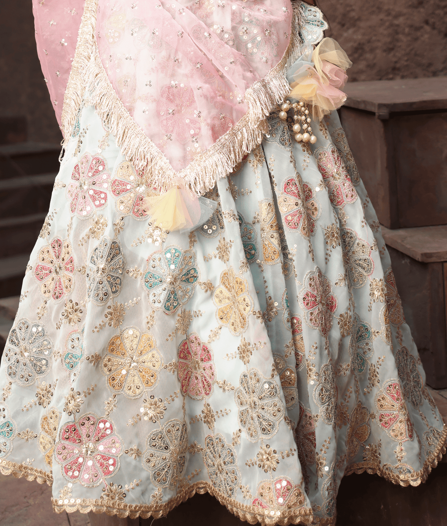 Manufactured by FAYON KIDS (Noida, U.P) Off white Embroidered Choli with Lehenga