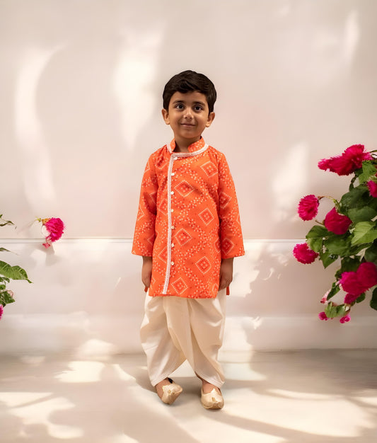 Manufactured by FAYON KIDS (Noida, U.P) Orange Bhandhej Kurta with Dhoti