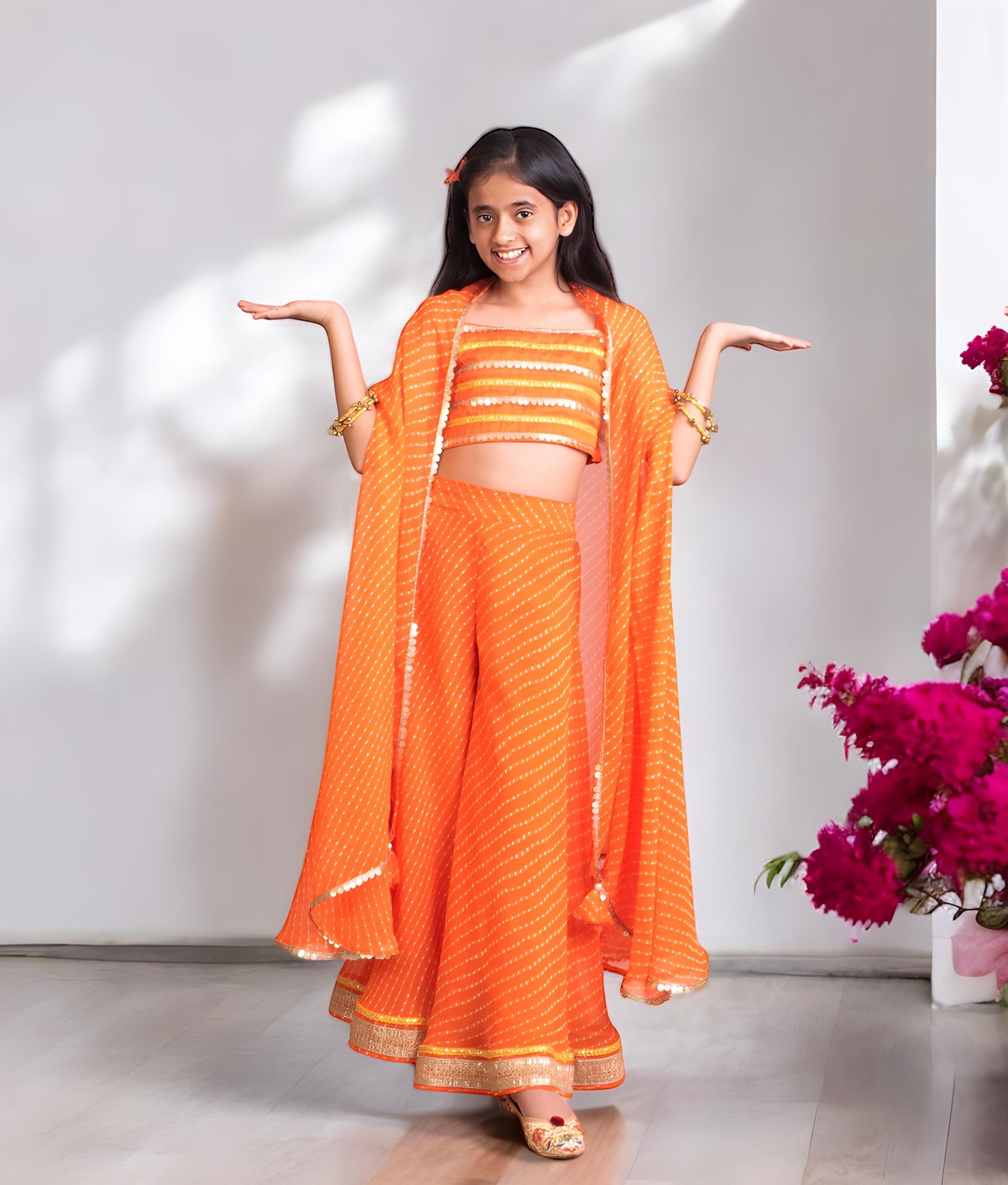 Manufactured by FAYON KIDS (Noida, U.P) Orange Crop Top Sharara Set with Cape
