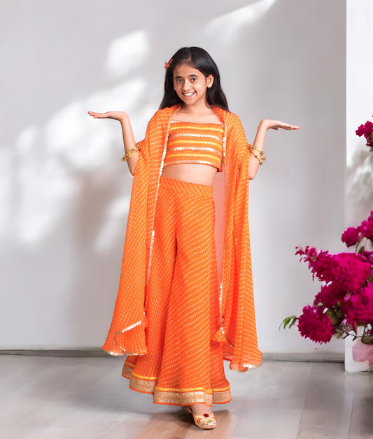 Manufactured by FAYON KIDS (Noida, U.P) Orange Crop Top Sharara Set with Cape