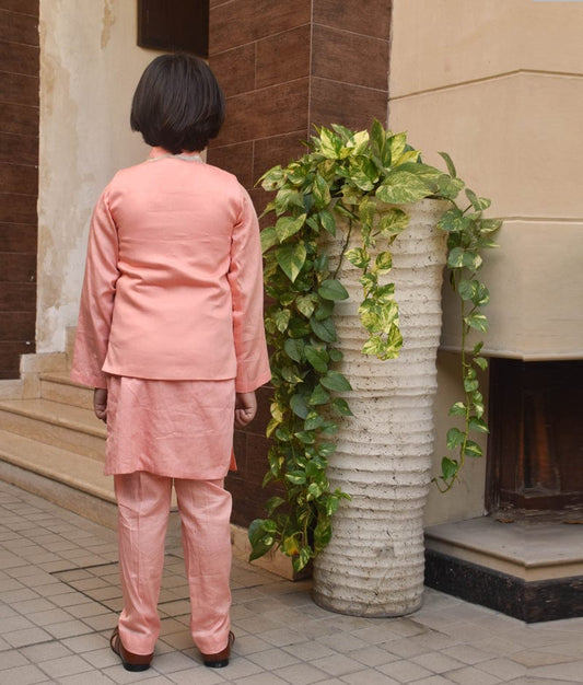 Orange Embroidered Nehru Jacket with Kurta and Pant