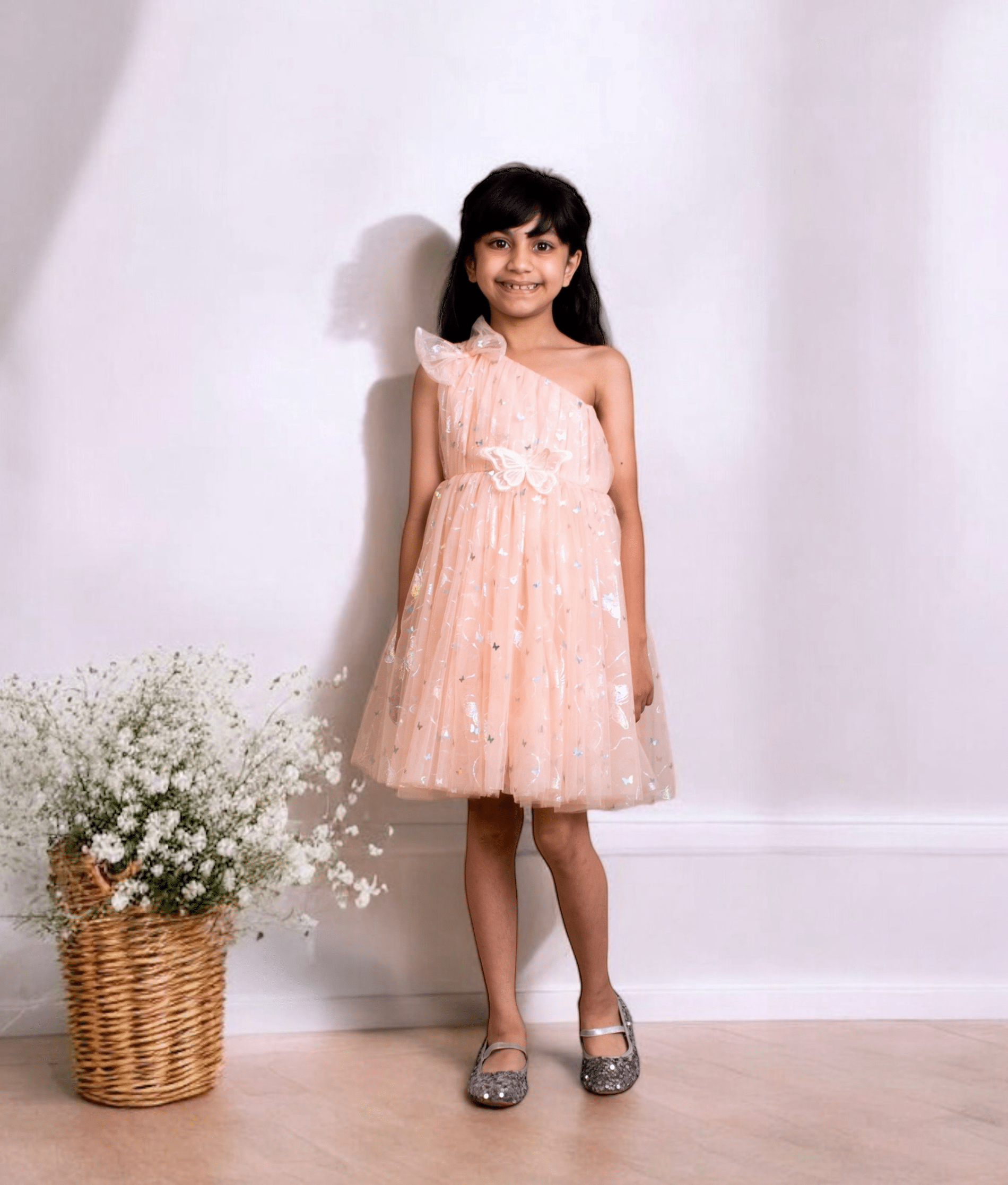 Manufactured by FAYON KIDS (Noida, U.P) Peach Butterfly one shoulder Frock