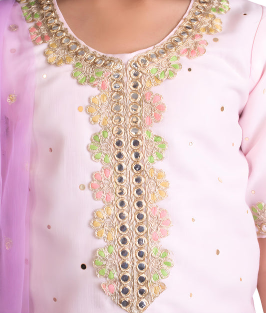 Manufactured by FAYON KIDS (Noida, U.P) Pink Faux Mukaish Work Kurti Sharara Set