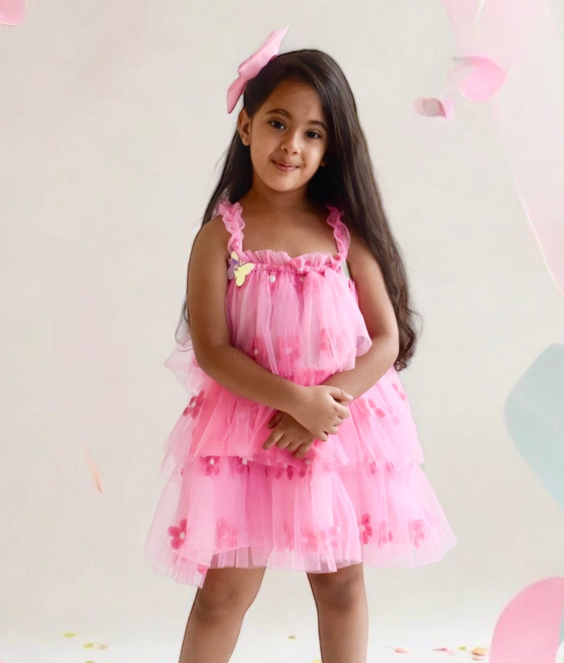 Manufactured by FAYON KIDS (Noida, U.P) Pink Flower Embroidered Net Dress
