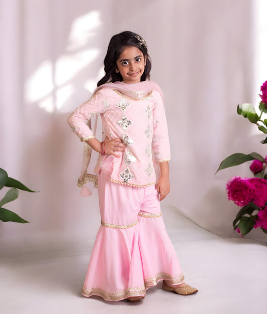 Manufactured by FAYON KIDS (Noida, U.P) Pink Gota Embroidered Kurti with Sharara