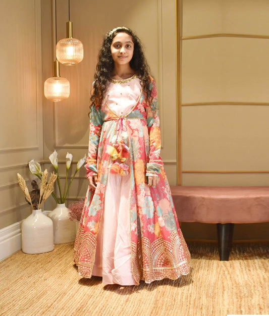 Pink Lehenga Choli Printed Jacket for Girls