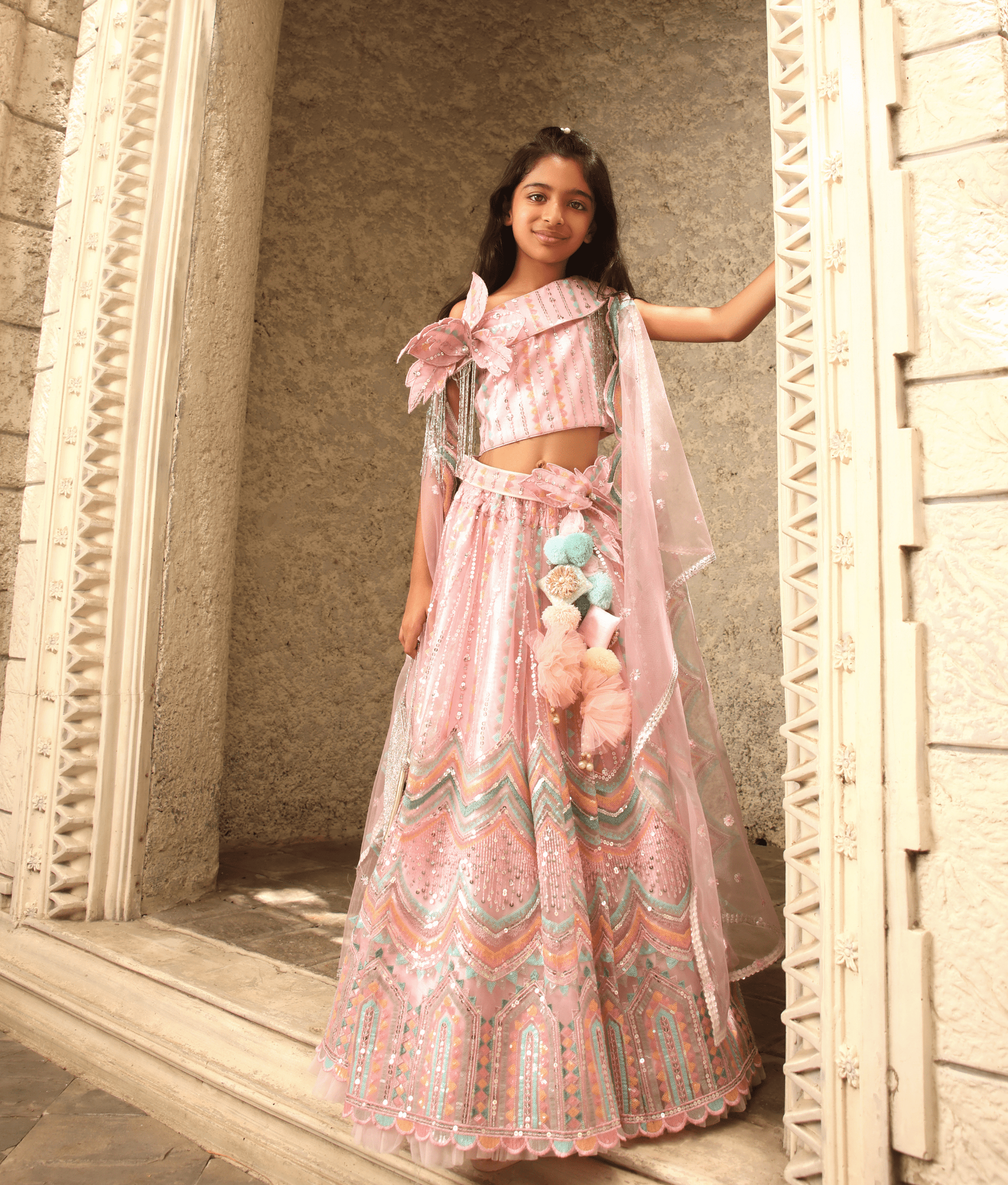 Manufactured by FAYON KIDS (Noida, U.P) Pink Sequence Embroidery Crop Top Skirt for Girls