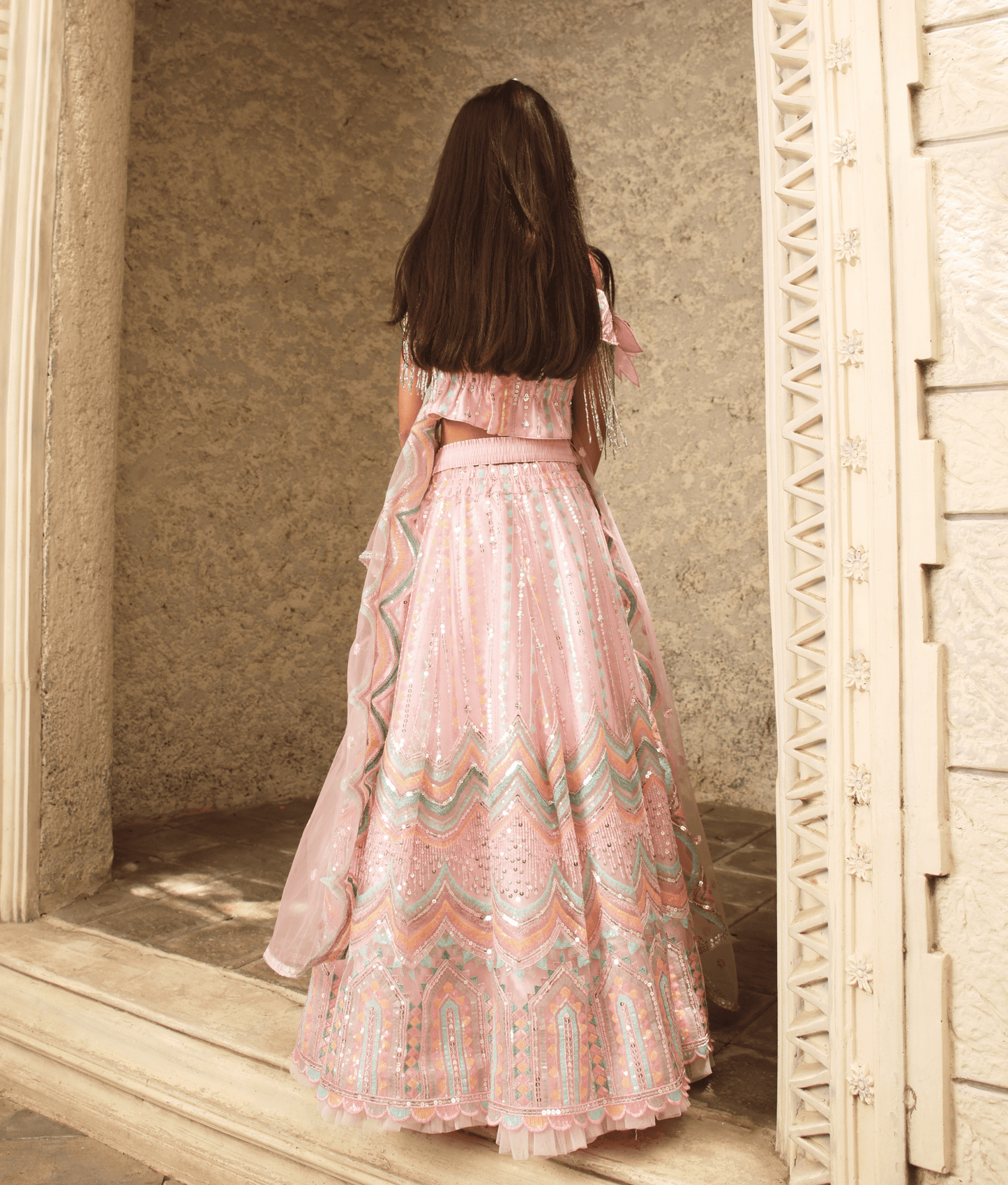 Manufactured by FAYON KIDS (Noida, U.P) Pink Sequence Embroidery Crop Top Skirt for Girls
