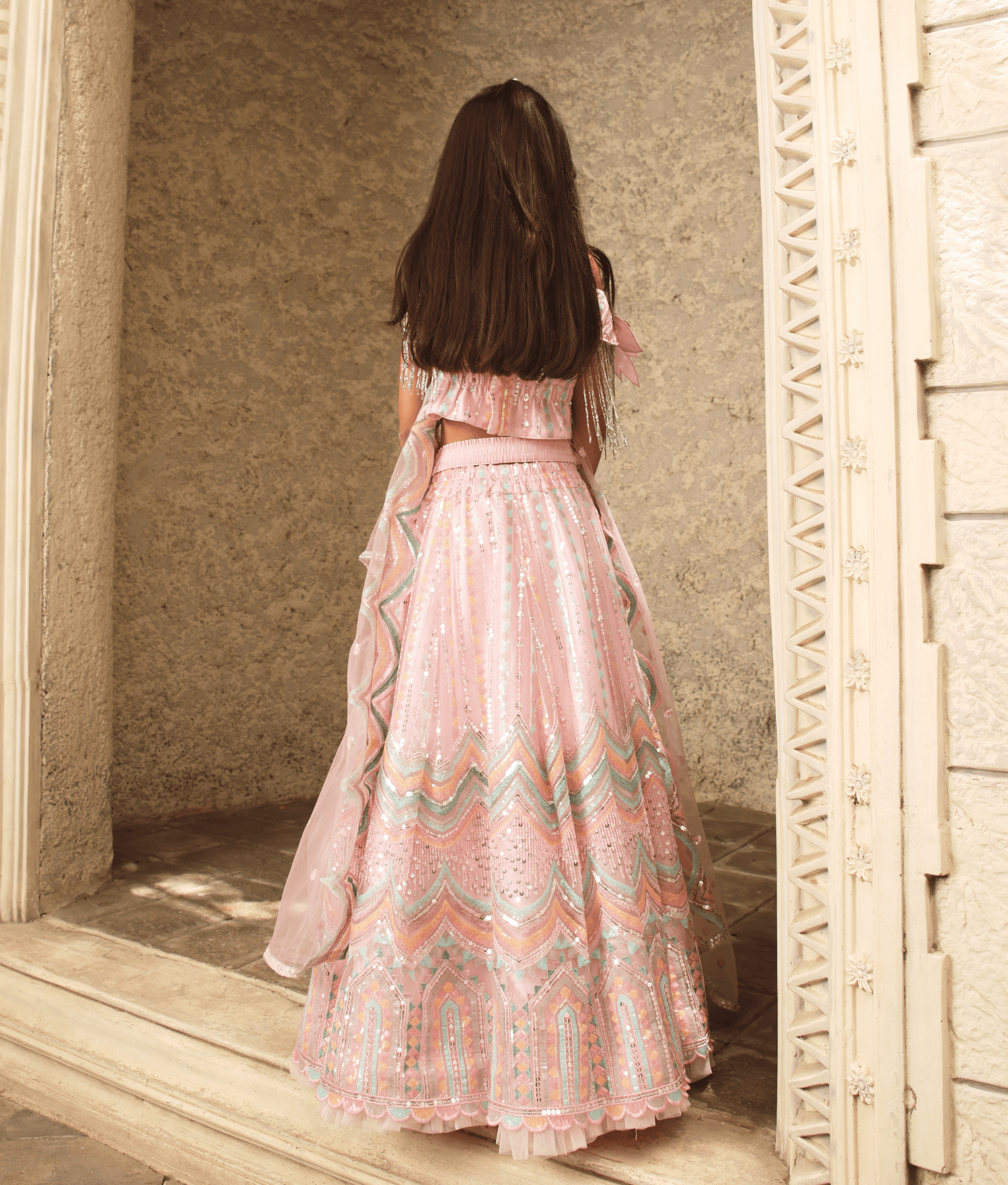 Manufactured by FAYON KIDS (Noida, U.P) Pink Sequence Embroidery Crop Top Skirt for Girls