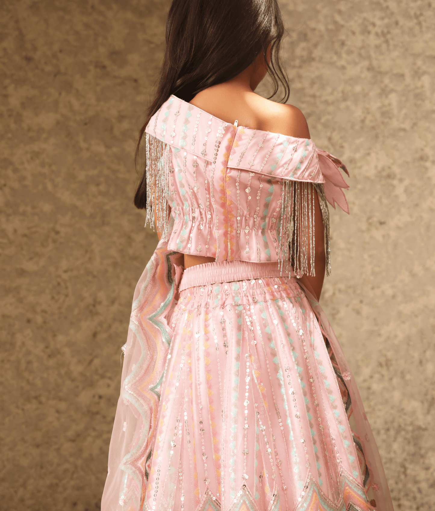 Manufactured by FAYON KIDS (Noida, U.P) Pink Sequence Embroidery Crop Top Skirt for Girls