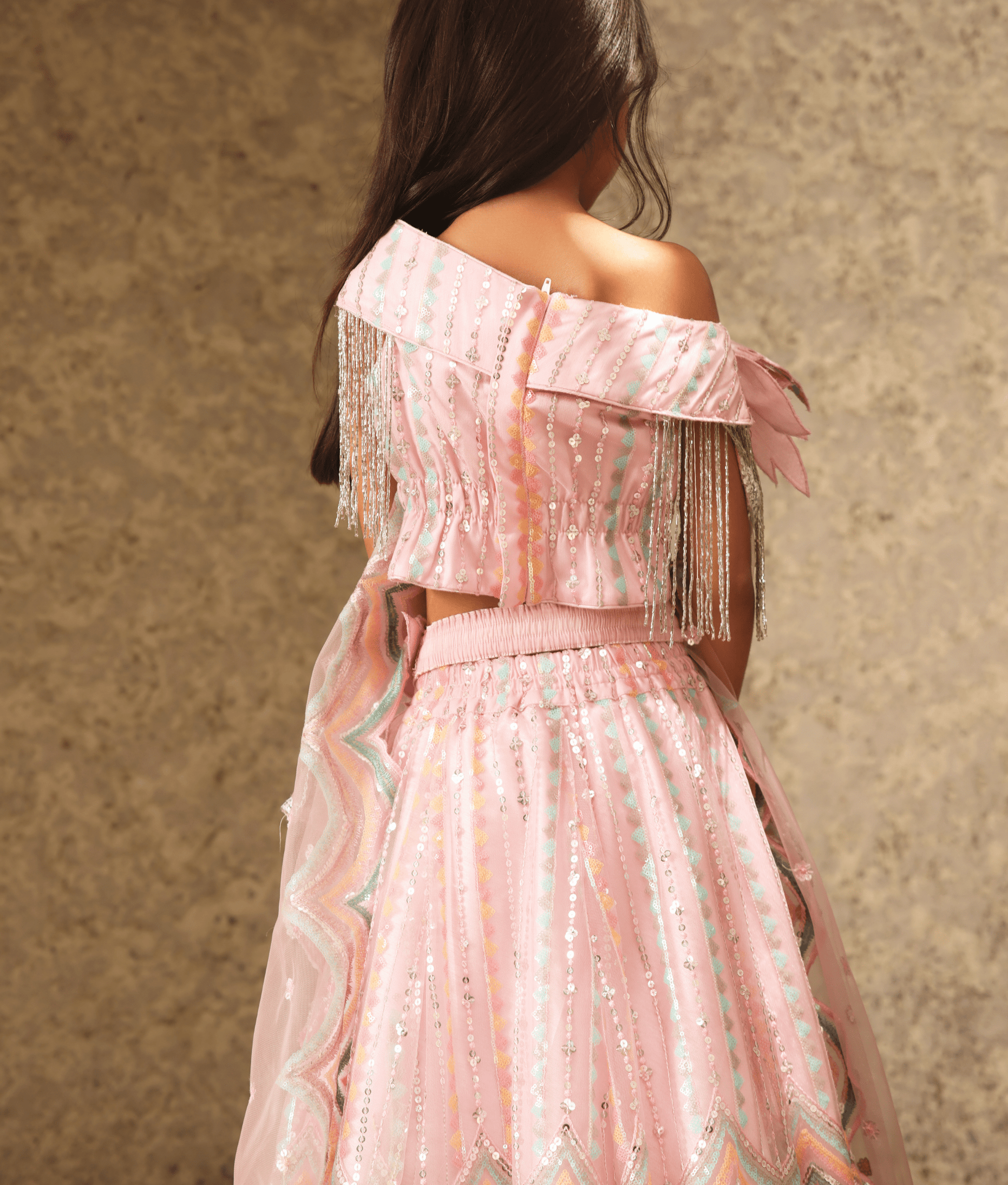 Manufactured by FAYON KIDS (Noida, U.P) Pink Sequence Embroidery Crop Top Skirt for Girls