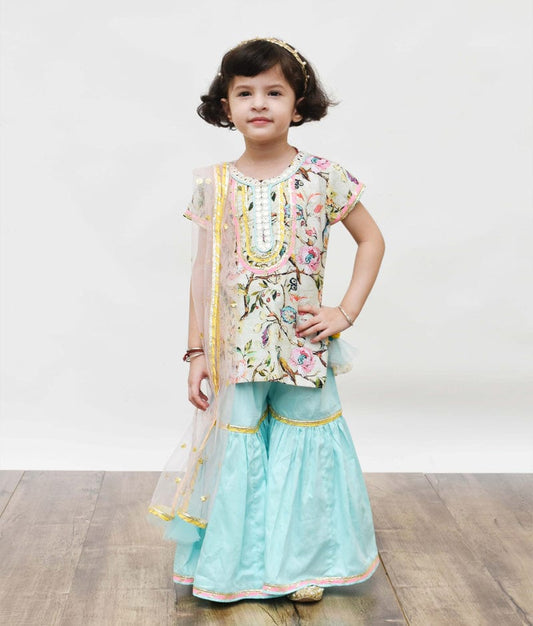 Manufactured by FAYON KIDS (Noida, U.P) Pista Green & Blue Printed Sharara Set With Kurti for Girls