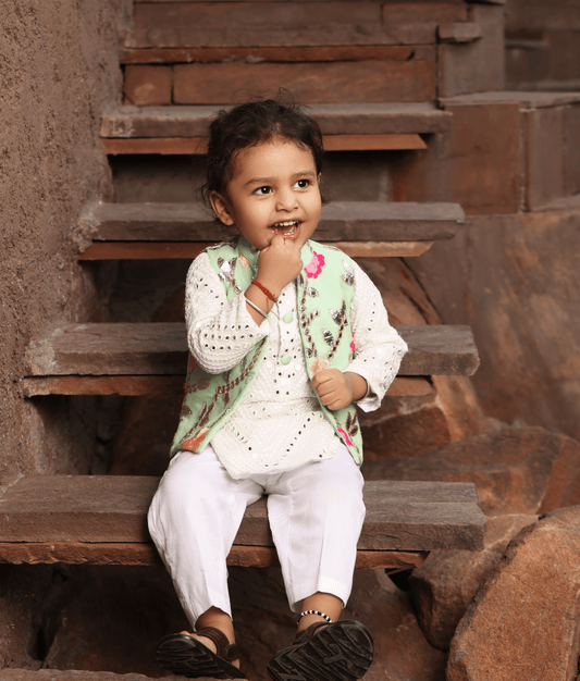 Manufactured by FAYON KIDS (Noida, U.P) Pista Green Gotta Embroidery Jacket And White Mirror Kurta Pant for Boys