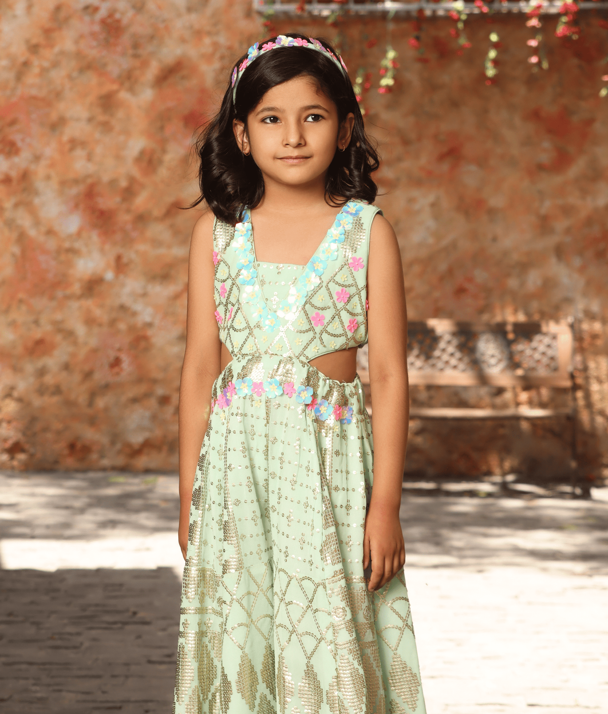 Manufactured by FAYON KIDS (Noida, U.P) Sea Green Sequence Embroidery Jumpsuit