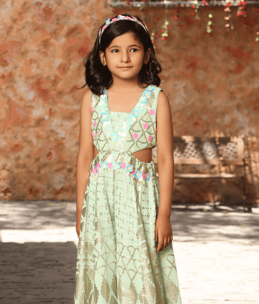 Manufactured by FAYON KIDS (Noida, U.P) Sea Green Sequence Embroidery Jumpsuit
