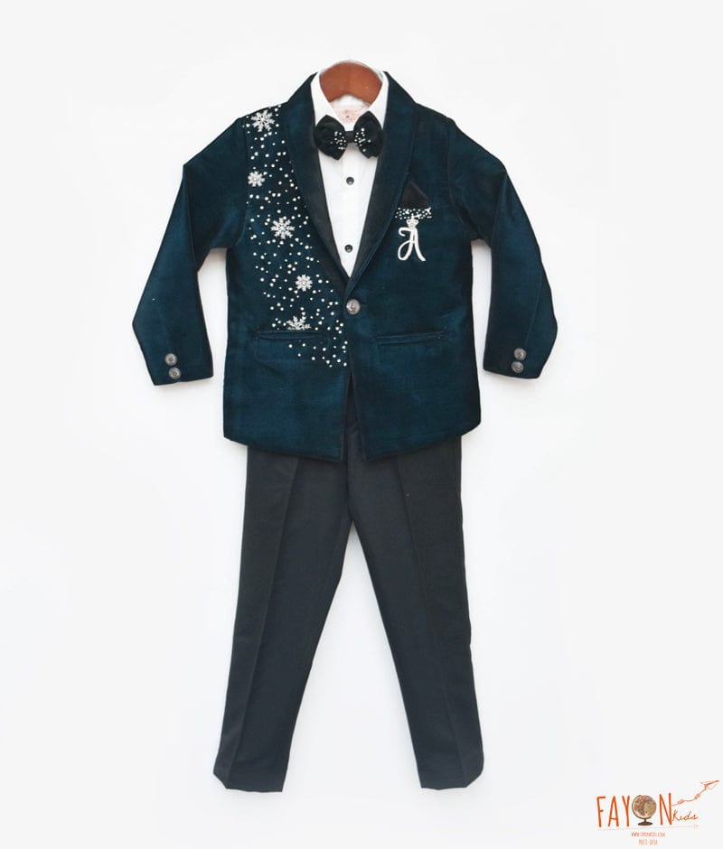 Teal Blue Embroidered Velvet Coat Set for Boys