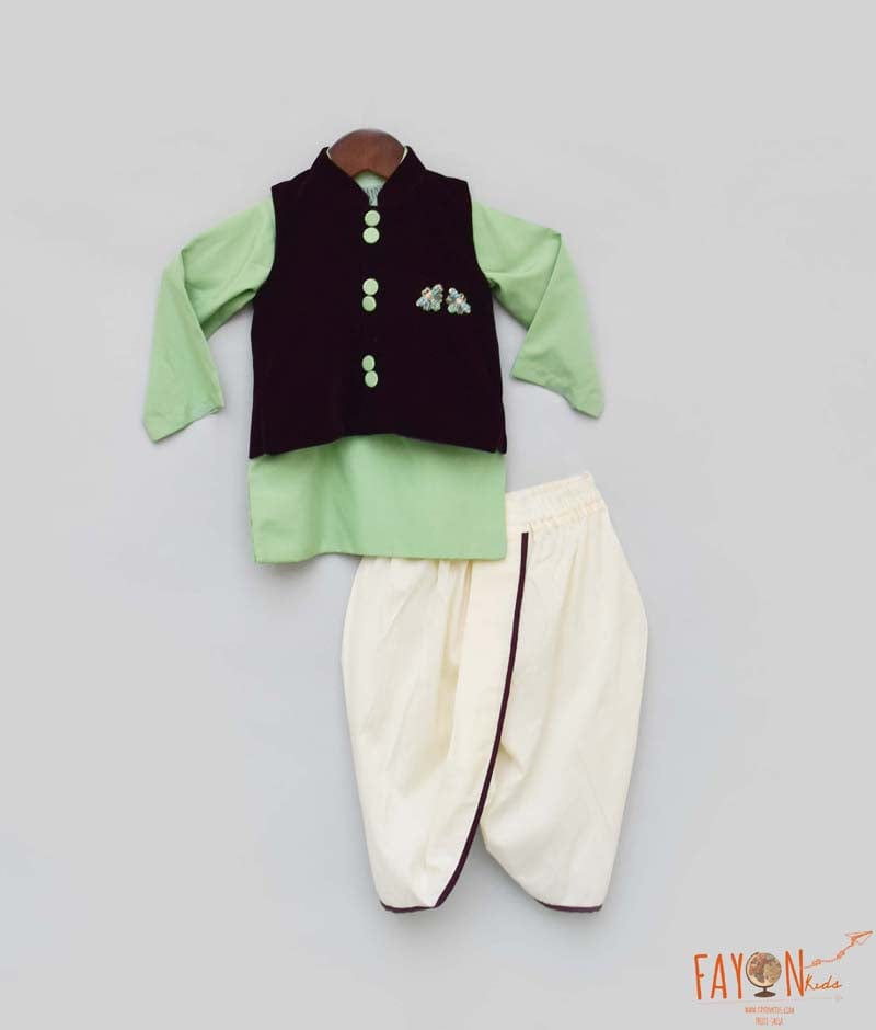 Manufactured by FAYON KIDS (Noida, U.P) Velvet Nehru Jacket Set with Green Kurta for Boys