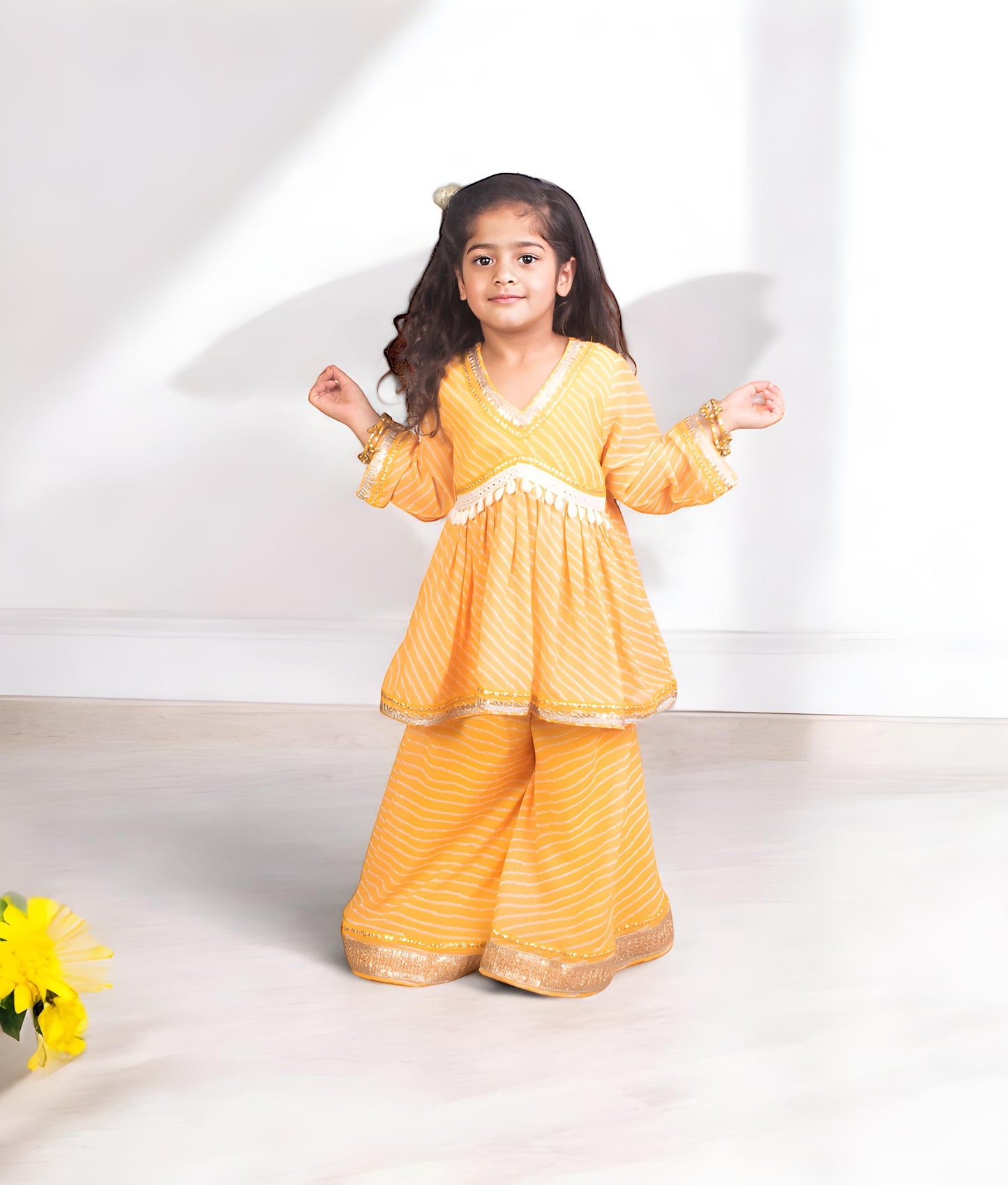 Manufactured by FAYON KIDS (Noida, U.P) Yellow Bandhej Peplum Kurti with Bandhej Sharara