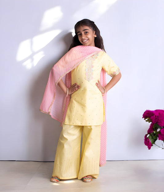 Manufactured by FAYON KIDS (Noida, U.P) Yellow Faux Mukaish Work Kurti Sharara Set