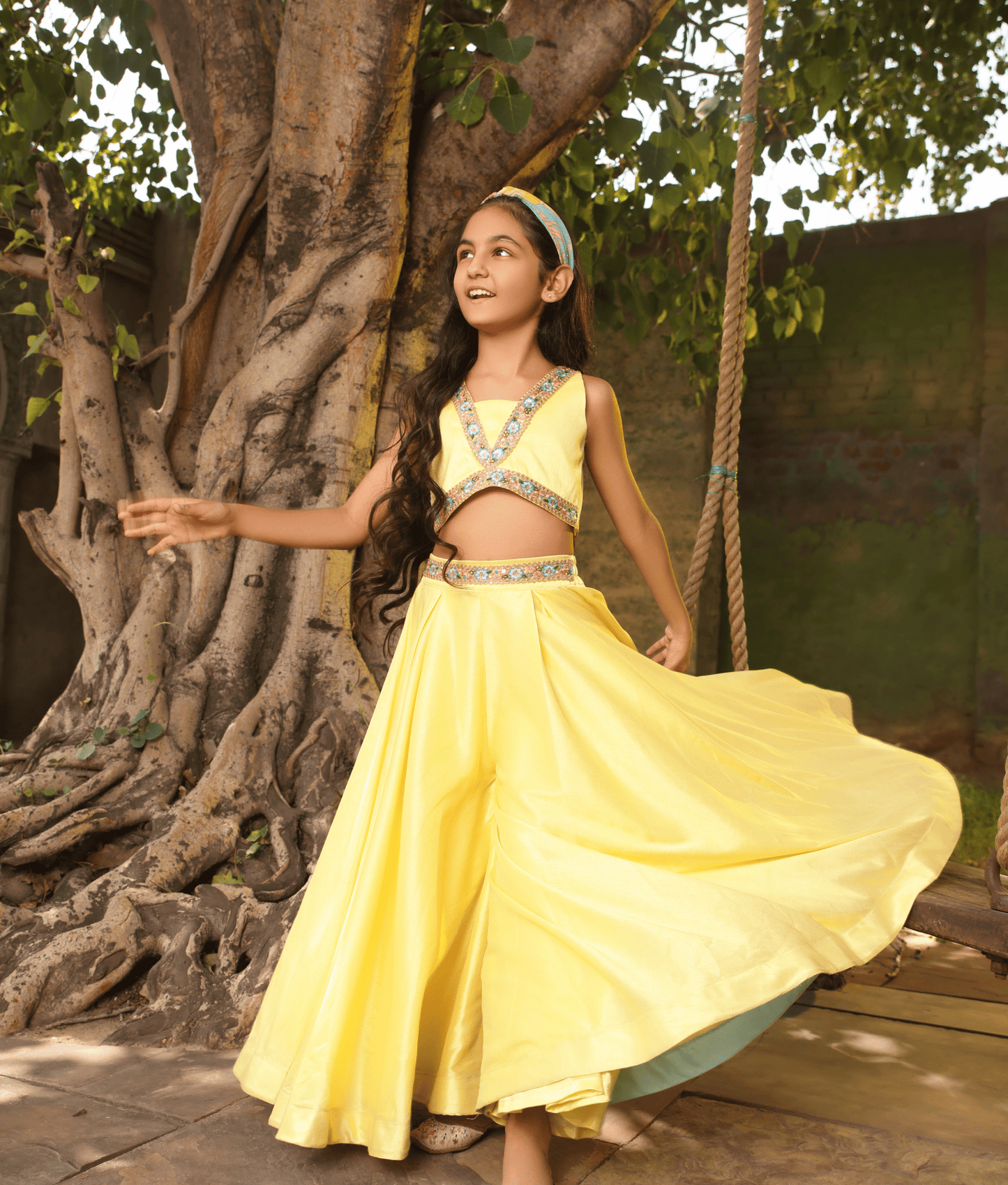 Manufactured by FAYON KIDS (Noida, U.P) Yellow Floral Crop Top Set