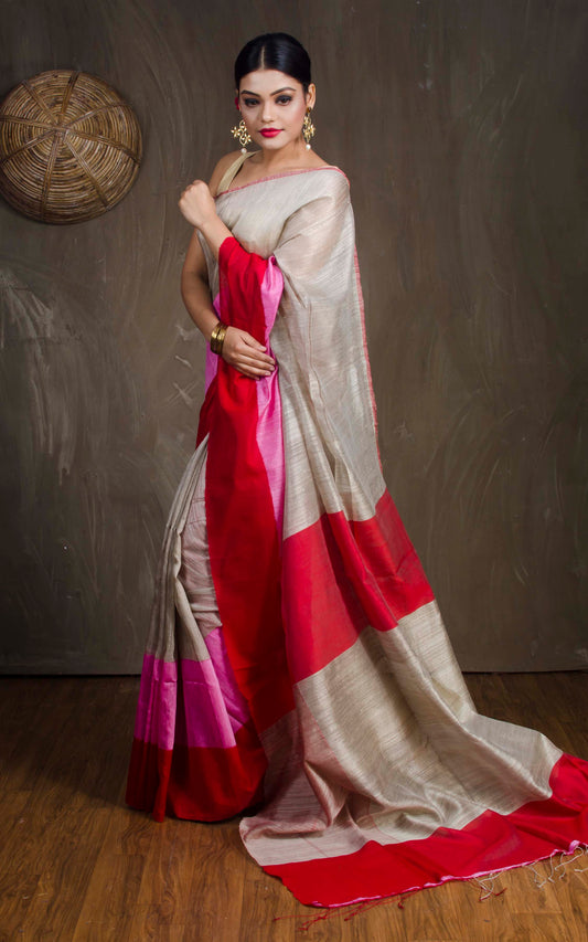 Matka Tussar Saree with Skirt Border in Beige, Pink and Red - Bengal Looms India