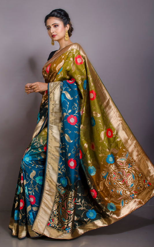 Handwoven Semi Moonga Tussar Silk Saree in Mehndi Green, Brown, Prussian Blue and Multicolored