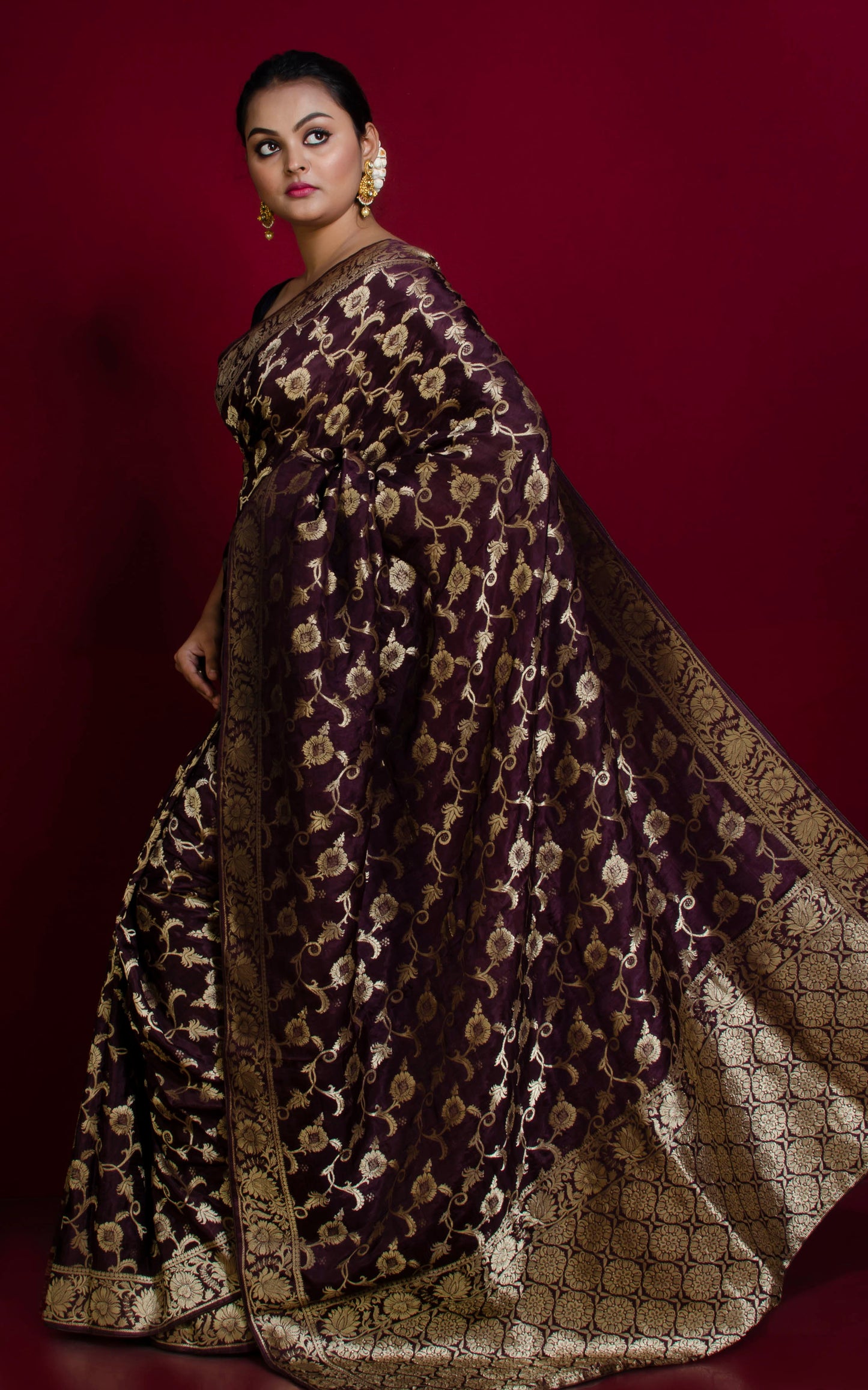 Blended Handwoven Moonga Tussar Silk Saree in Dark Brown and Brush Gold