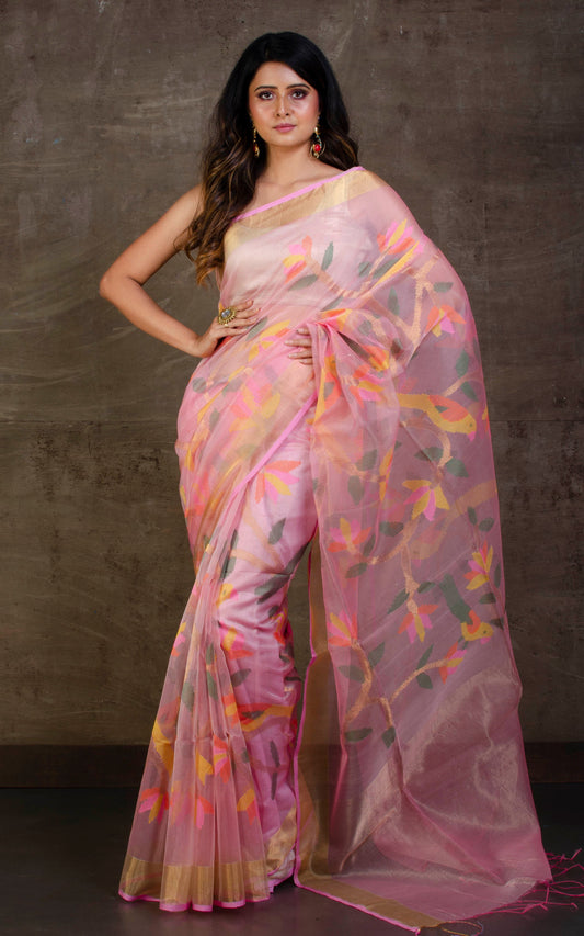 Bird Motif Silk Muslin Jamdani Saree in Frosted Pink, Gold Zari and Multicolored Thread Work