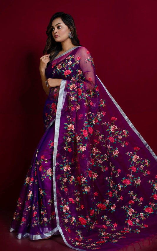 Parsi Embroidery Work Muslin Silk Saree in Russian Violet, Silver and Multicolored Thread Work