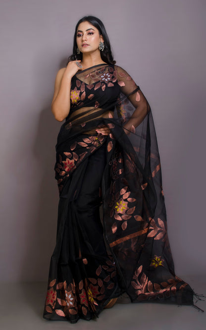 Authentic Soft Silk Muslin Jamdani Saree in Jet Black, Copper and Multicolored Meenakari Work