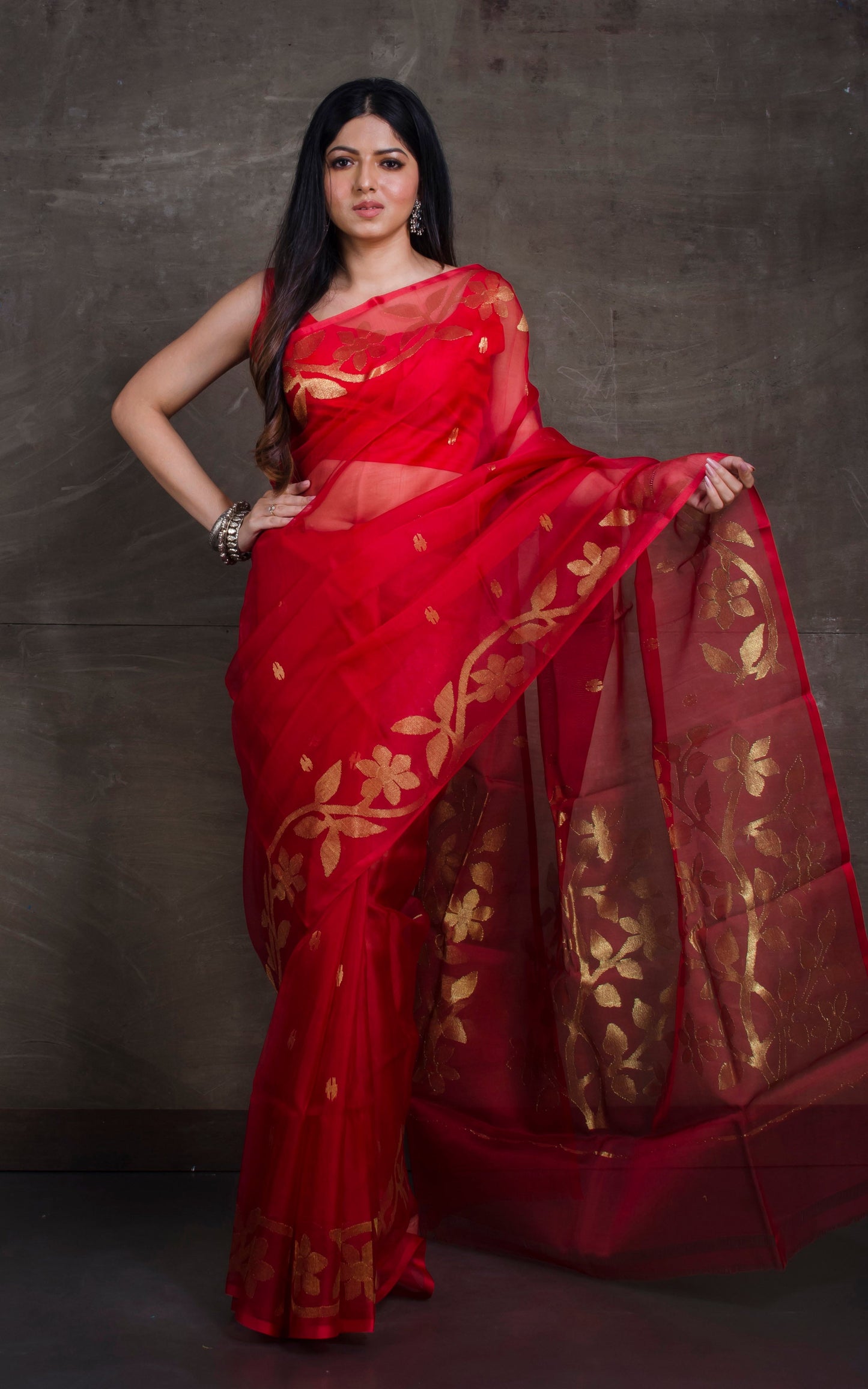 Silk Jamdani Saree in Sacramento Red and Gold