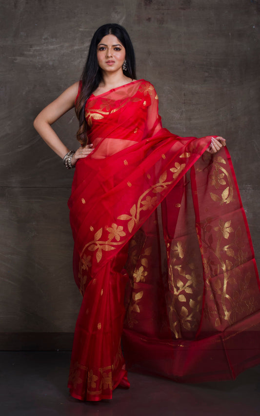 Silk Jamdani Saree in Sacramento Red and Gold